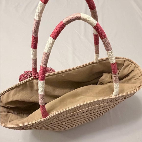 LOFT Woven Tan Tote with Red and Cream Pom Pom Accents - Picture 9 of 10
